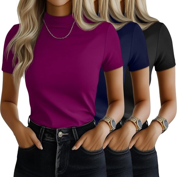 3 Pack Women's Mock Neck Shirts Short Sleeve Turtleneck Casual Blouse - Picture 1 of 6